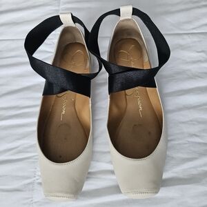 Jessica Simpson Cream Ballet Flats with Black Crisscross Strap